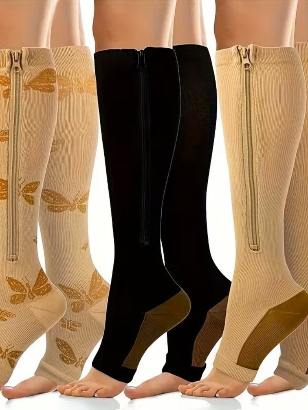 3 Pair Open Toe Compression Sleeves Zipper Closure 2 Tan & 1 Black NWOT-Unisex